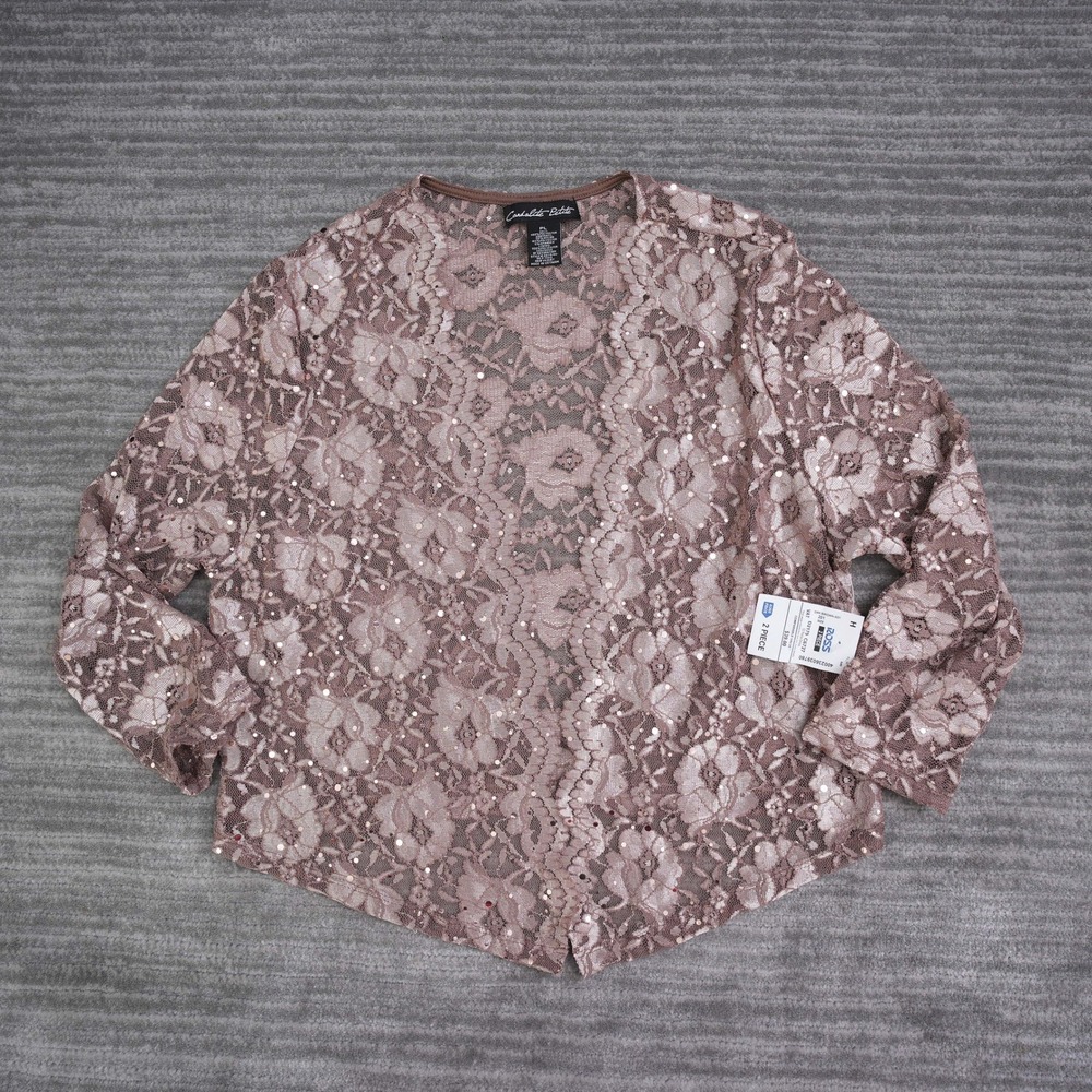Candalite Petite Brown Floral Lace Sequin Open Front Cardigan Jacket PL New